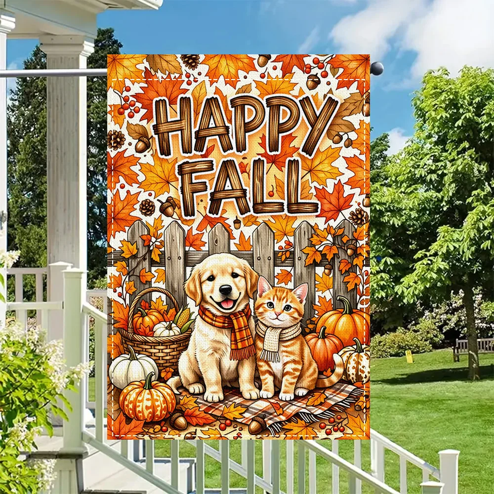 1PC Happy Fall Dog & Cat Garden Flag, double sided print, perfect for fall patio and outdoor seasonal decor (pole not included)