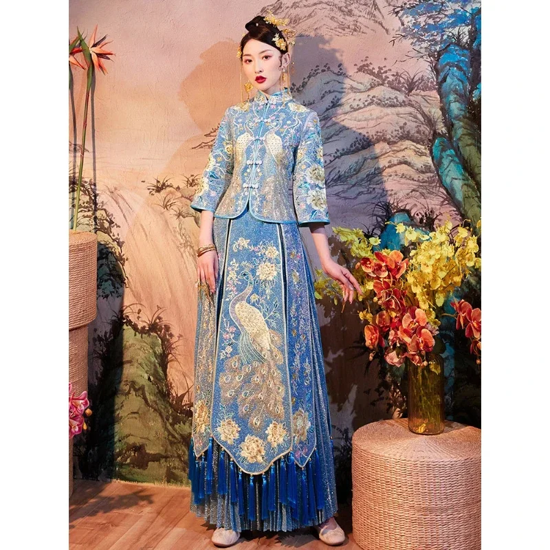 Traditional Classic Blue Peacock Embroidery Bride Cheongsam Blue Xiuhe Suit Spring Wedding Dress Exquisite Noble Tassel Dresses