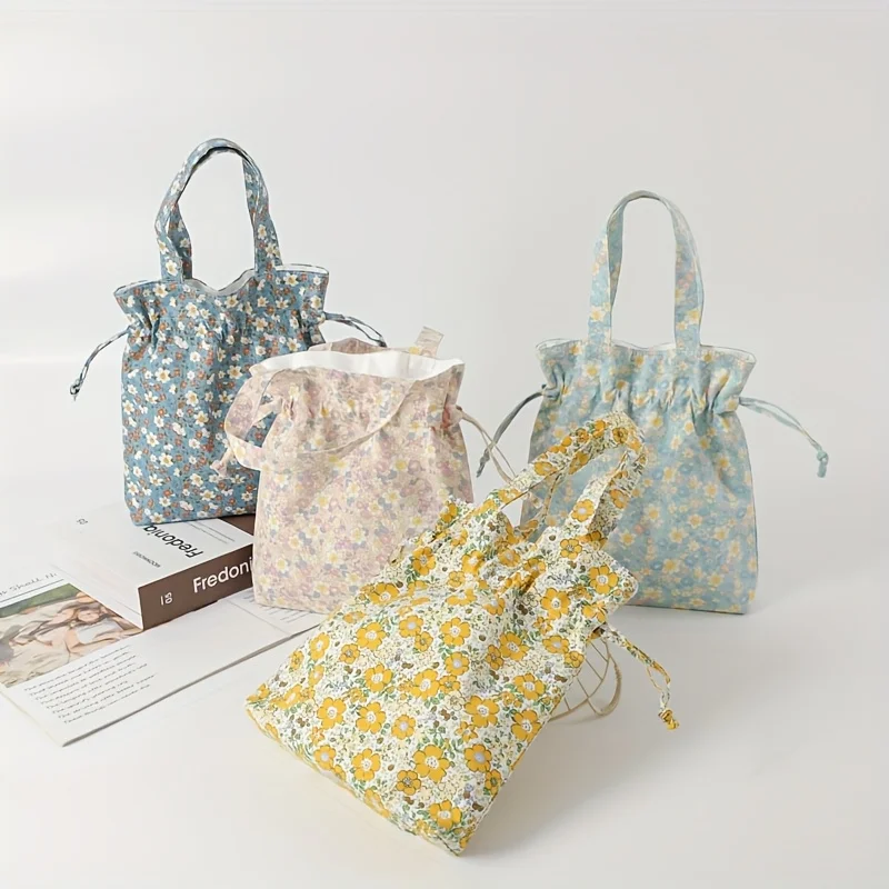 1 حقيبة تسوق يدوية صغيرة مطبوعة بالزهور حقيبة تخزين برباط قطني محمولة مبتكرة #4
