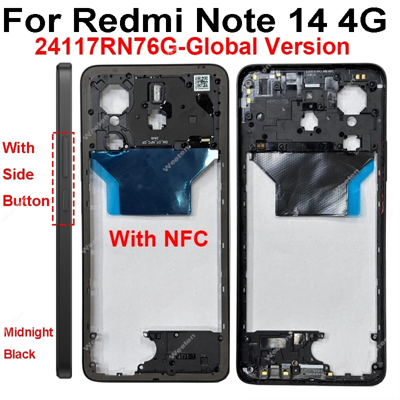 For Xiaomi Redmi Note 14 4G LCD Display Screen Frame Middle Frame Bezel Holder Cover with Side Buttons Replacement Parts