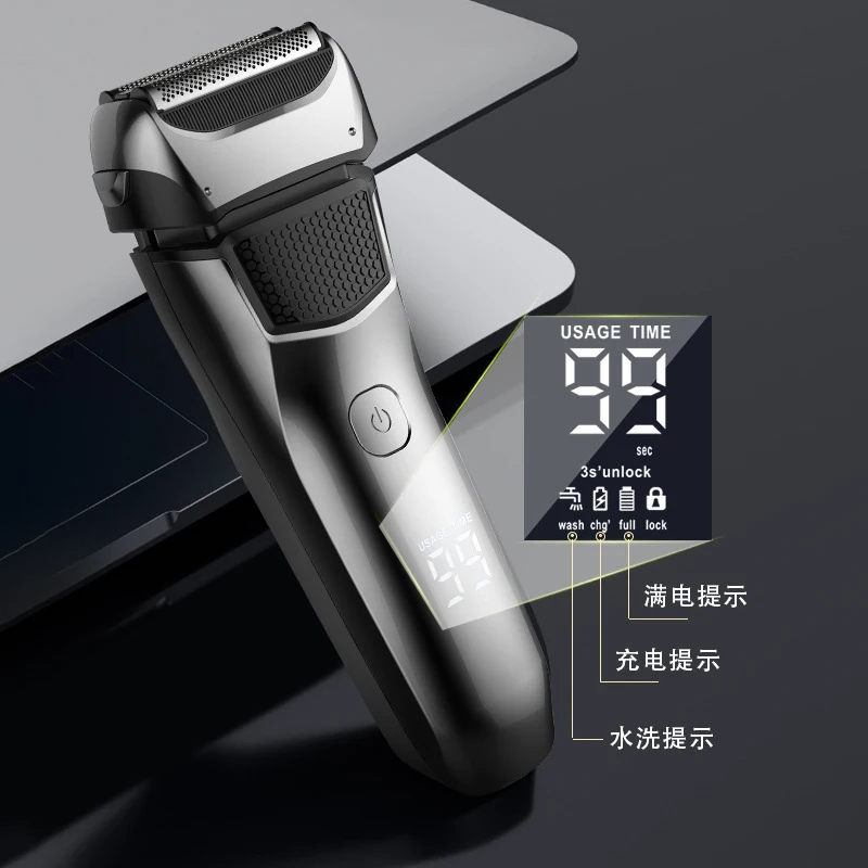 Reciprocating electric shaver for men with digital display, fully washable, floating head, rechargeable