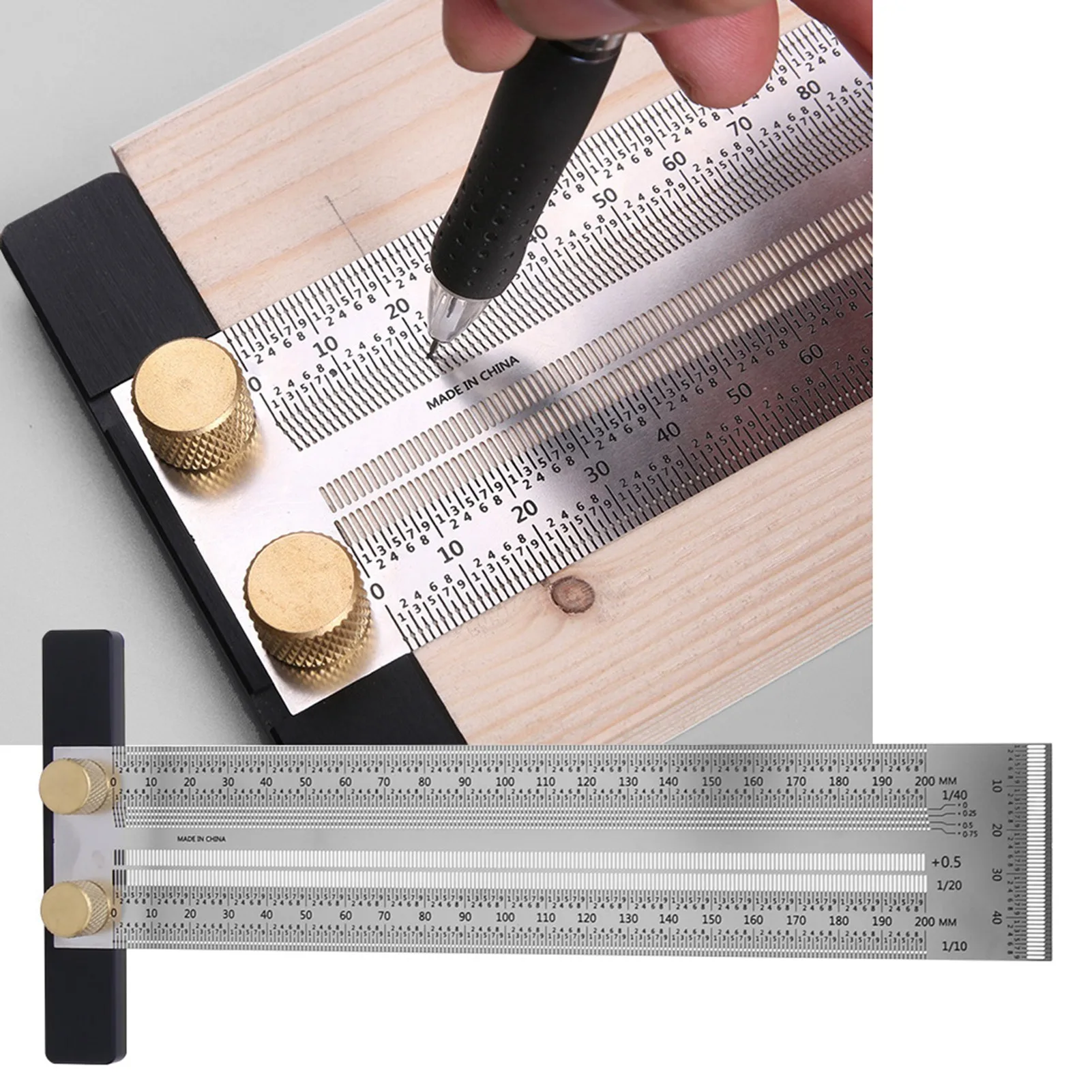 ZK40 Stainless Steel T Type Hole Ruler Scribing Gauge Woodworking Marking Tool with Automatic Pencil200mm