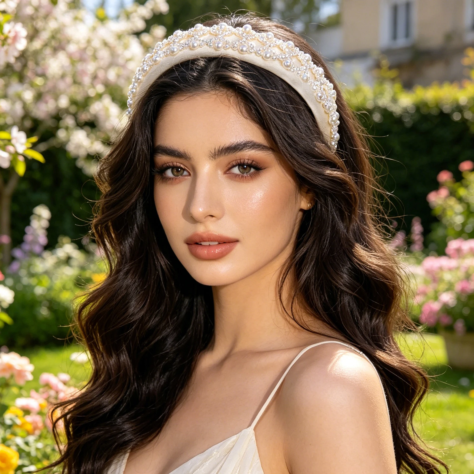 

Винтажная атласная повязка на голову с жемчужным декором, белый ободок для волос с подкладкой, свадебный аксессуар для невесты с высокой короной