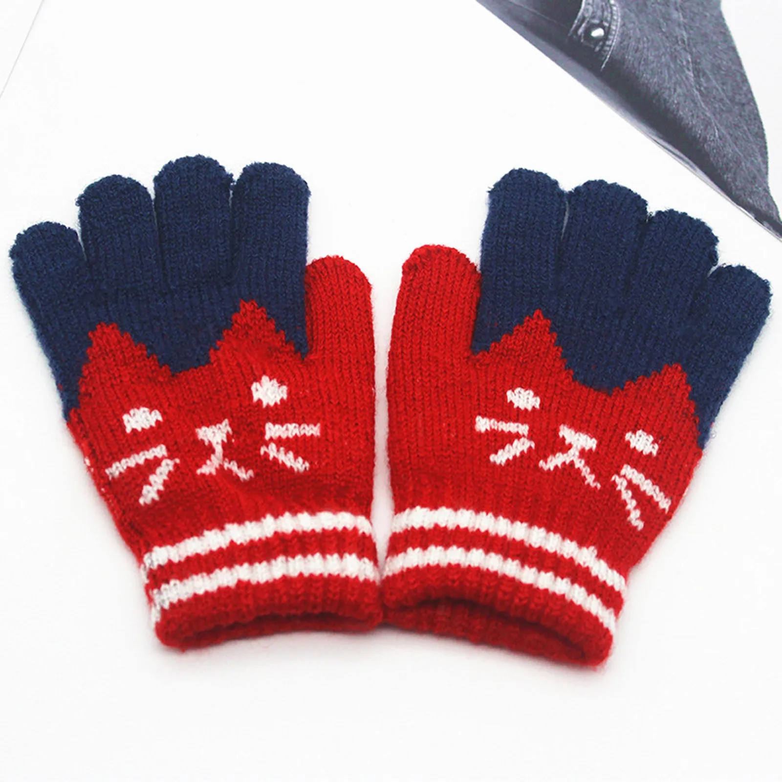 Winter Children\'s Plus Velvet Thickening Cute Cartoon Cat Point Finger Gloves