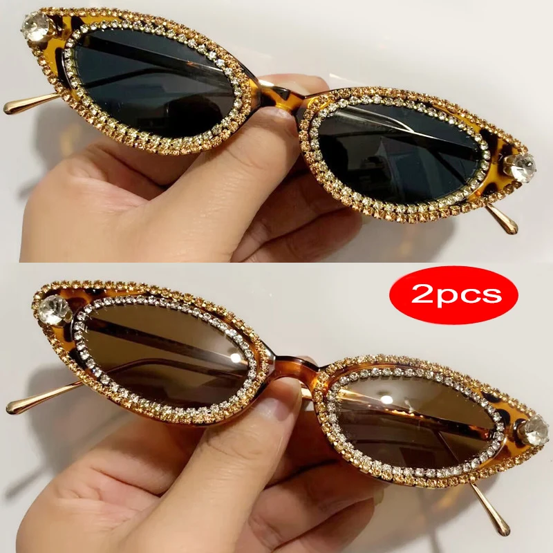 2PCS Mode Diamant Cat Eye Sonnenbrille Frauen Luxus Strass Ins Beliebte Sonnenbrille Weibliche Shades UV400 Brillen