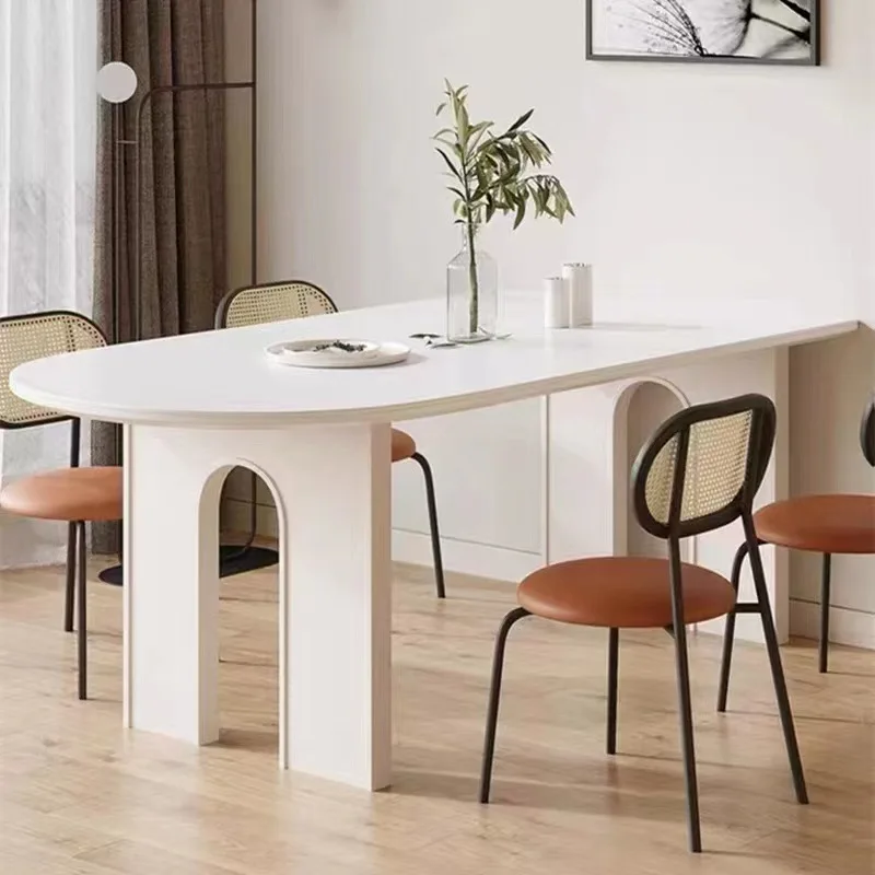 

Nordic household semicircular solid wood dining table and chairs designer creative dining table cream wind pure white rock slab