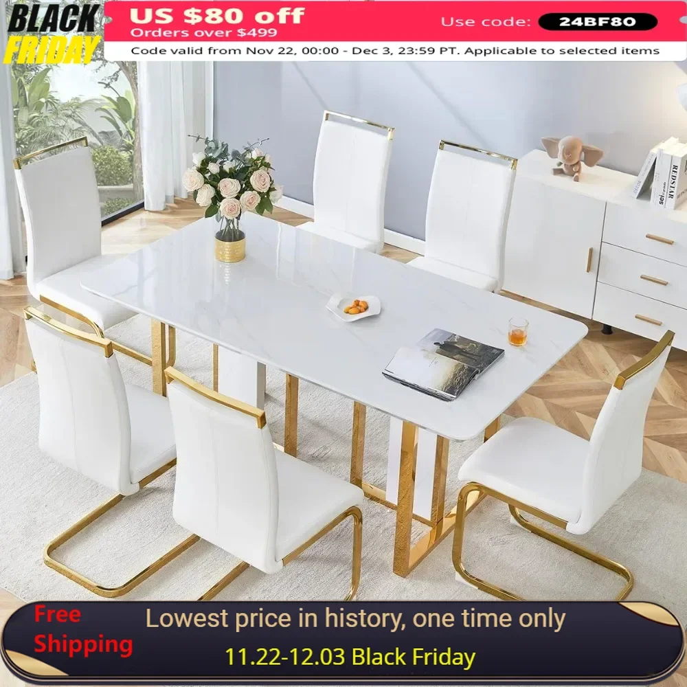 

Dining Table and Chairs,Stainless Steel Base,Faux Marble Dinner Tables Set of 6, Easy to Assemble,6Piece Kitchen Room Table Sets