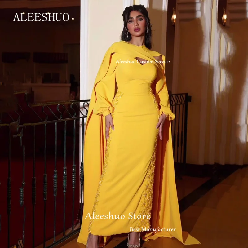 Cleeshuo-Robe de Soirée de Forme Sirène Jaune à Manches sulf, Tenue de Bal Sexy, Découpée, Longueur au Sol, à la Mode