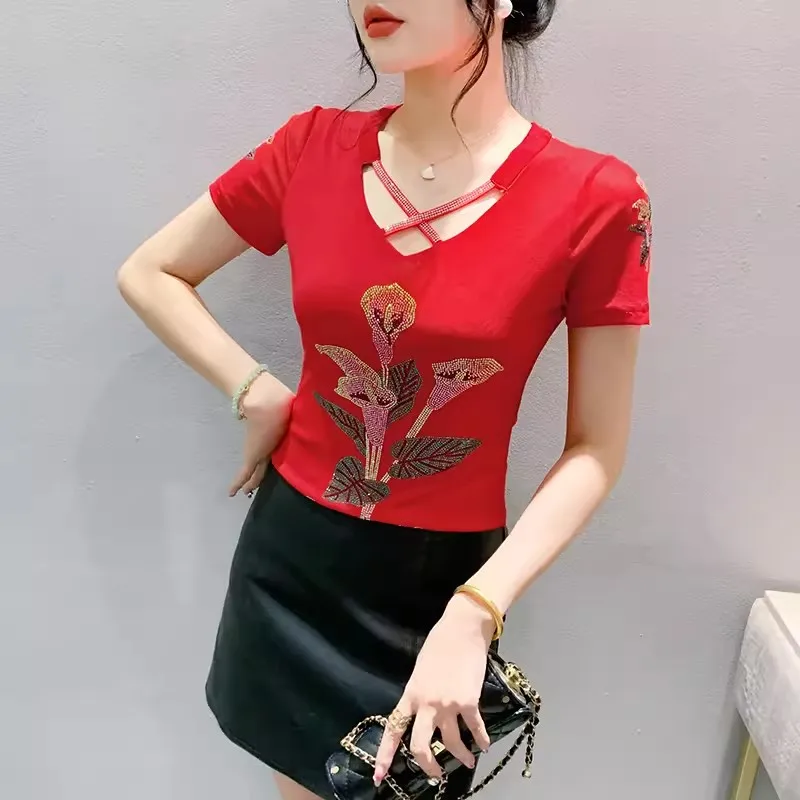 Korean Fashion Flower Diamonds T-shirt Women Clothes Summer Designer Sexy Hollow Out Tops Ladies Short Sleeve Mesh Tees