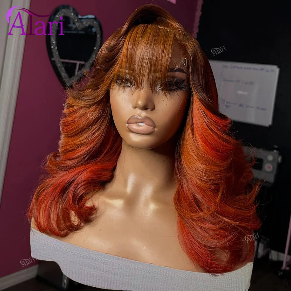 

Ombre Ginger Orange Bangs Human Hair Body Wave Wig Pre Plucked Highlight Brown Transparent 13x4 13x6 Lace Frontal Wig for Women