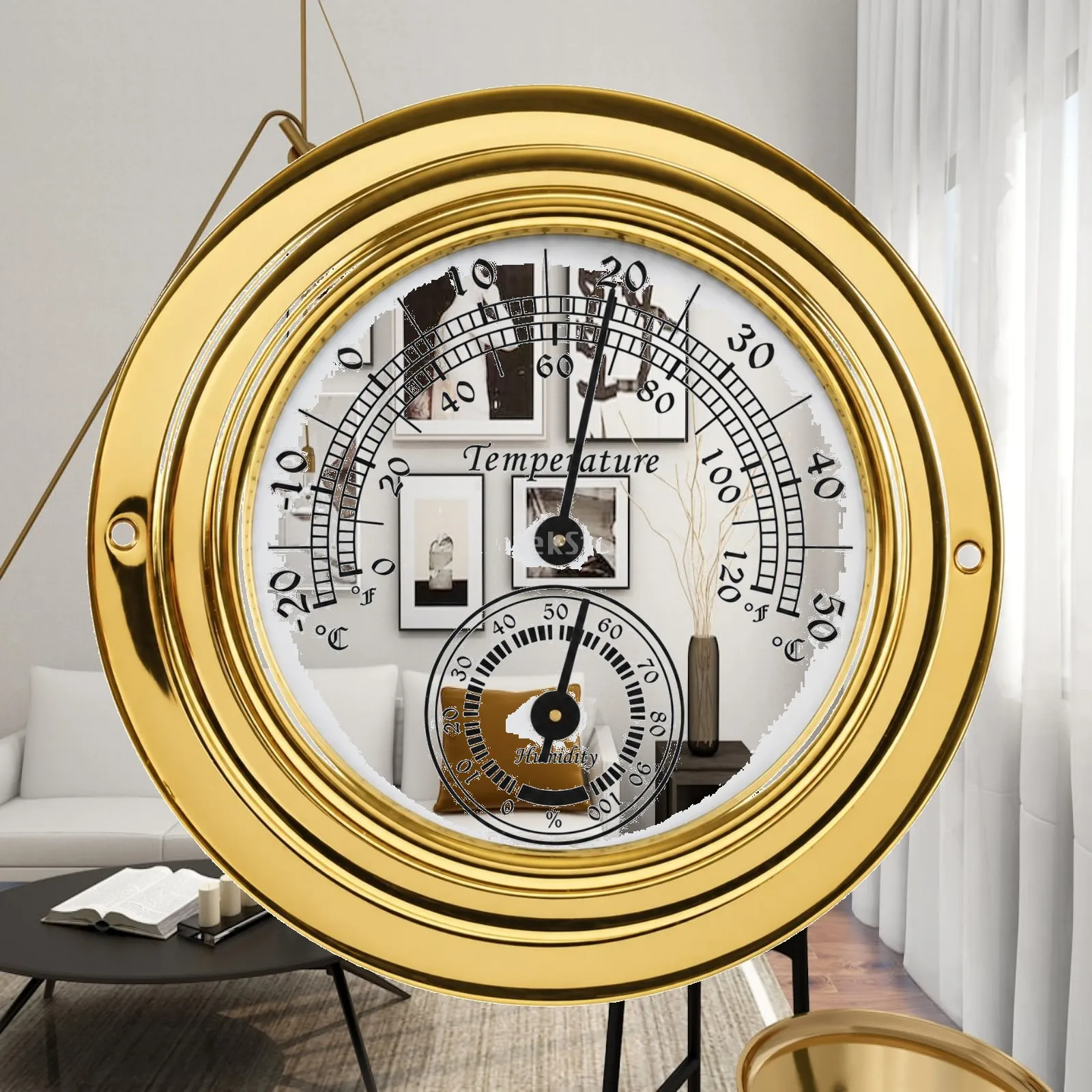 Nautical Brass Barometer Clock with Hygrometer Analog Gauge for Ship Study Office Coastal Home Wall Mounted Decor