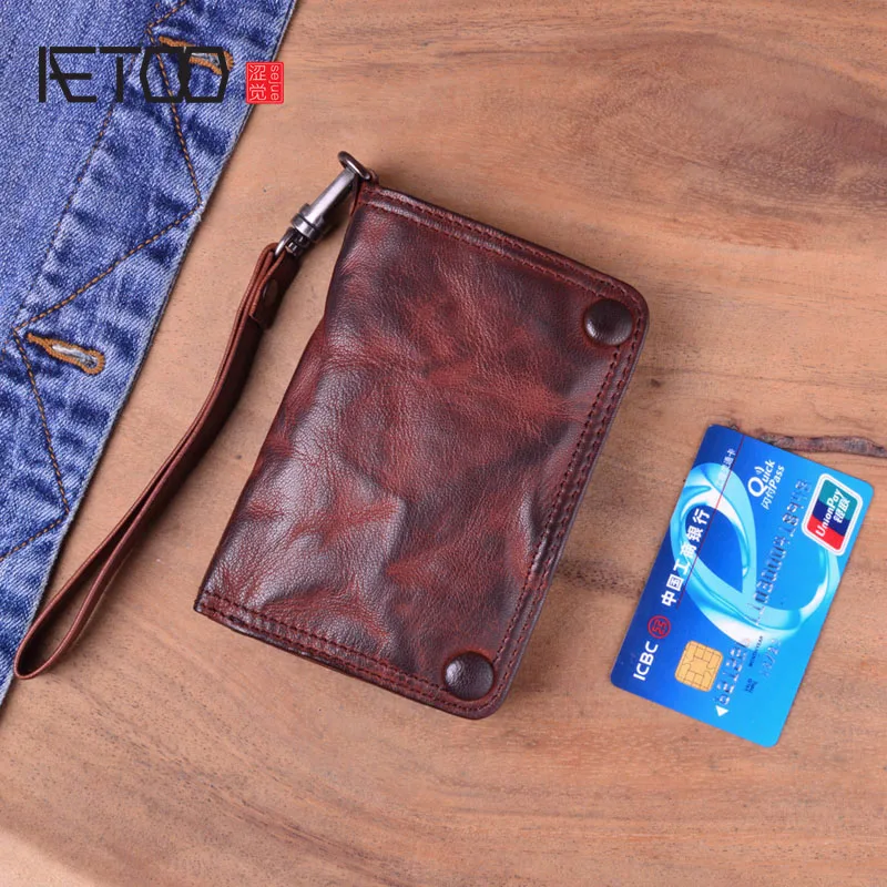 

AETOO Genuine Leather Men's Wallet Vintage Unisex Cash Purse Zipper Natural Cowskin Leather Male Clutch Bag ID Card