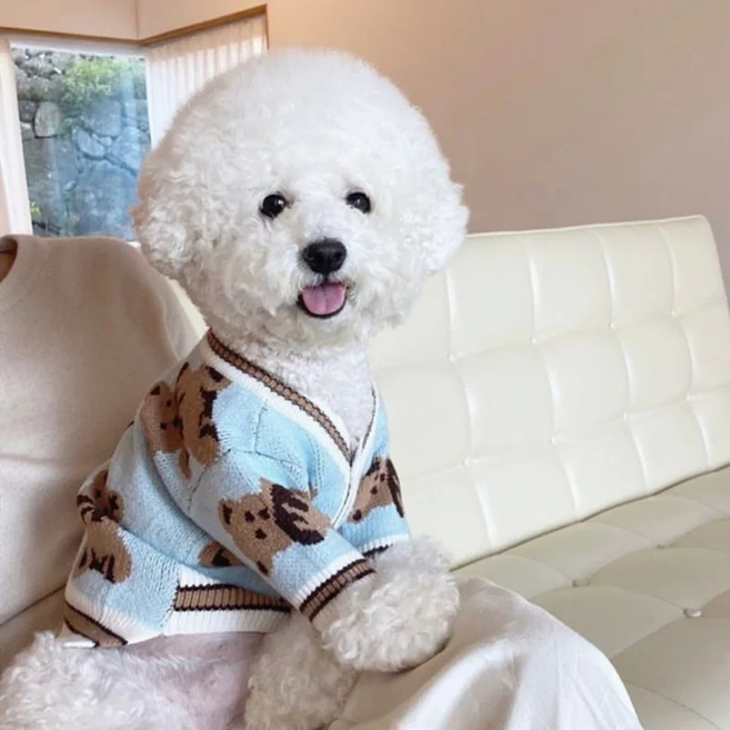 Winter Dog Clothes Pet Dog Sweaters Bear Pattern Puppy Cardigan Warm Cat Sweater Coat Striped Pet Outfit Chihuahua Dog Clothes