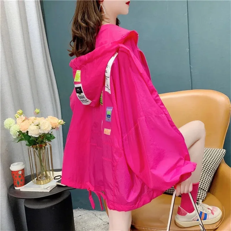 2024 New Summer Thin Jacket Women Casual Loose Zipper Windbreaker Coat Female hooded Splice print Sun Protection Clothing T130