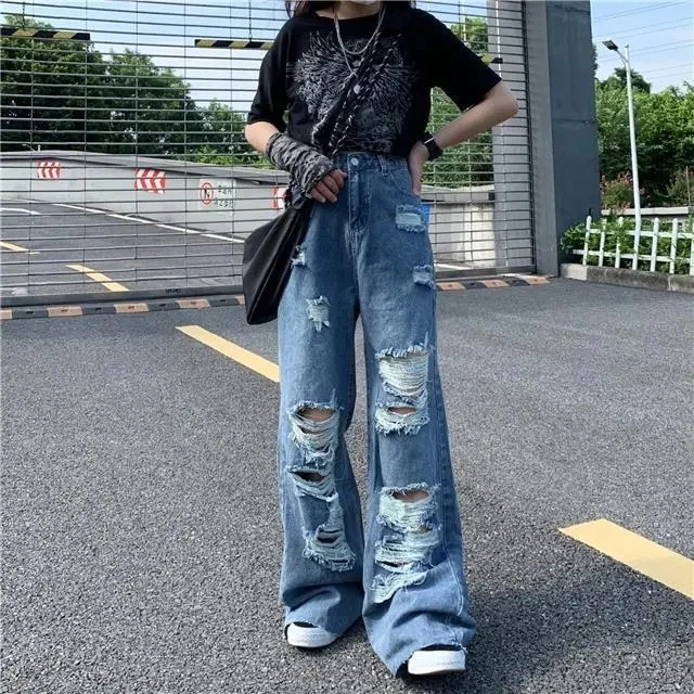 Plus Size Women Jeans Mid Waist Boyfriend Ripped Hole Jeans Casual High Street Denim Pants Sexy Vintage Casual Blue Denim Pants