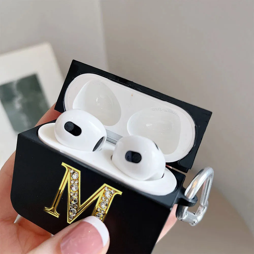 Diamond Crown Letter Airpods Case for AirPods Pro2 3 2 1 Pro Black Wireless Bluetooth Earphone Box Cute A-z Cover