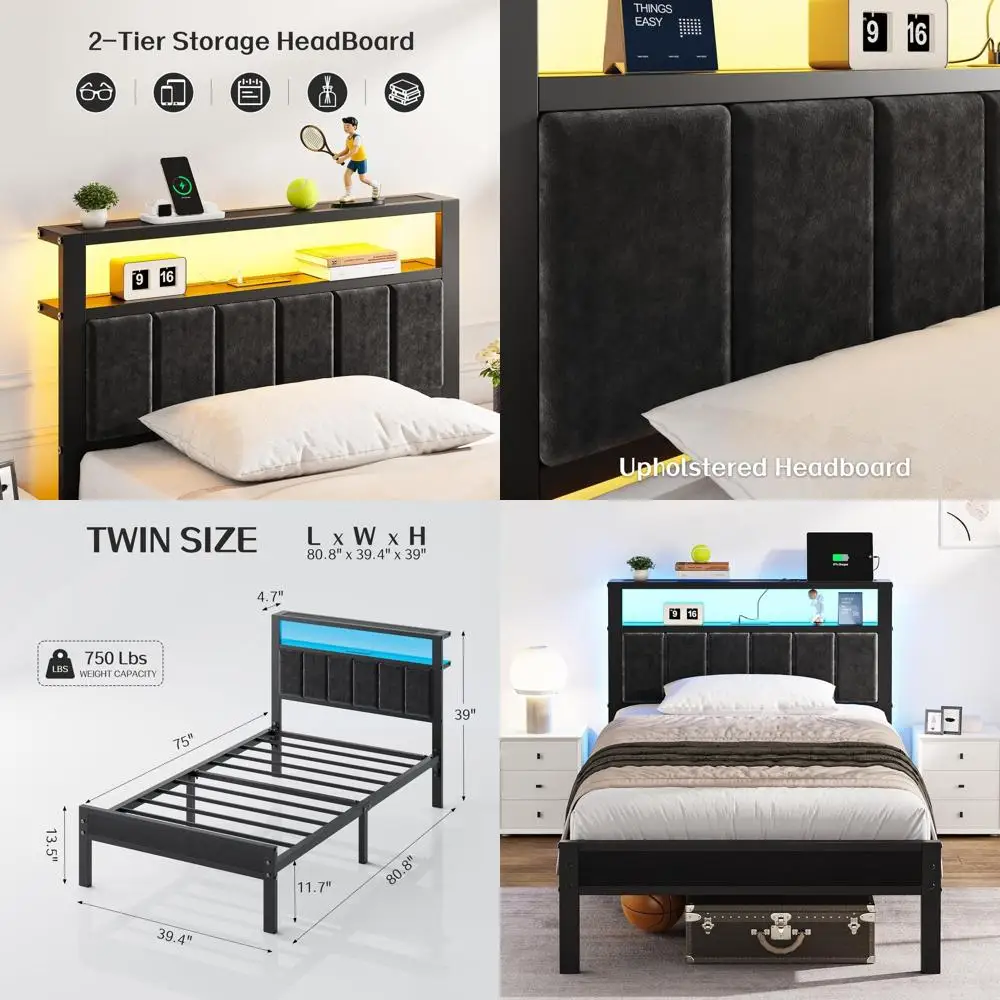 

Двуспальная кровать со светодиодной подсветкой и USB-портами, платформа с местом для хранения, не требует пружинного блока, простая сборка