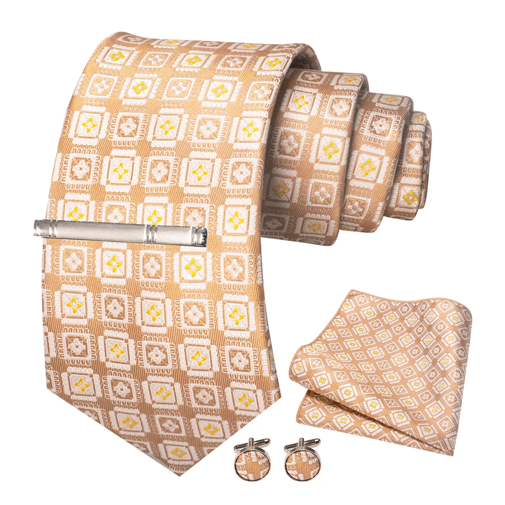 JEMYGINS Mode Männer Krawatte Luxus Gelb Gold Striped Plaid Seide Hochzeit Krawatte Für Männer Hanky Manschettenknopf Krawatte Set Bussiness Party geschenk – Detail 2