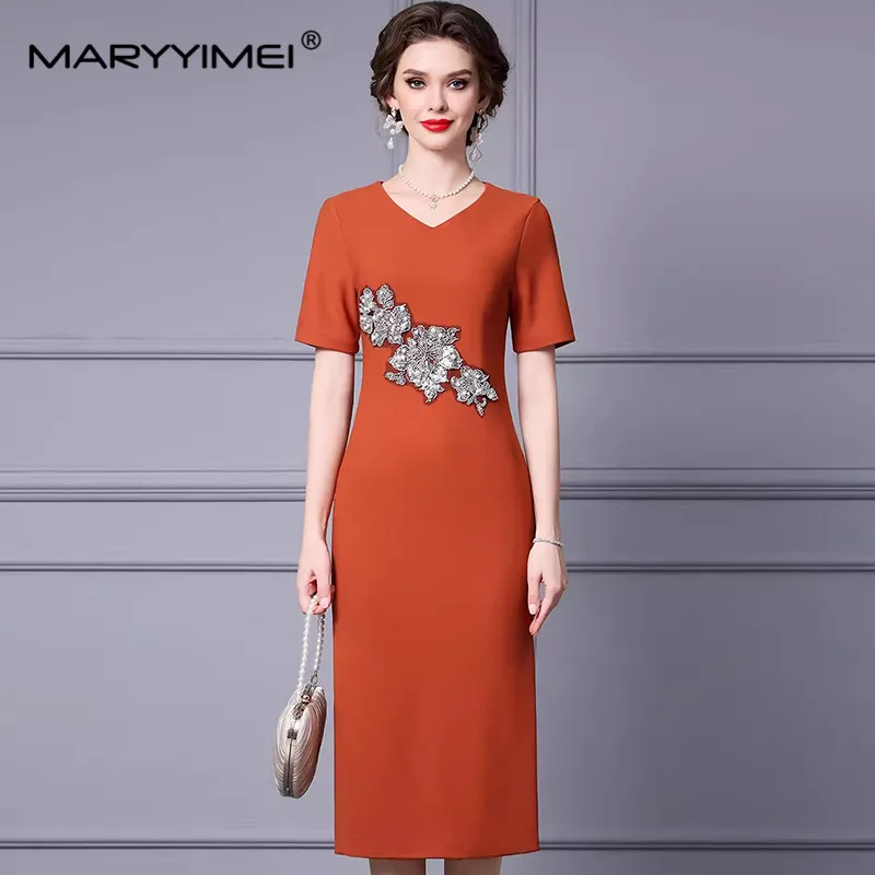 MARYYIMEI Spring Summer Fashion Women\'s Pencil Dress Short Sleeved Beading Sequins Slim-Fit Hip Wrap Commuter Dresses