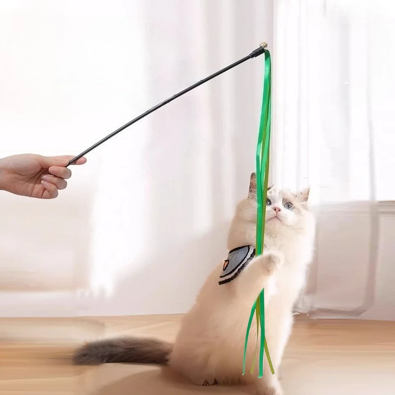 3PCS Short Handle Colorful Ribbon Cat Wand Toys Interactive Cat Toy Teaser Wand String Kitten Training Toy