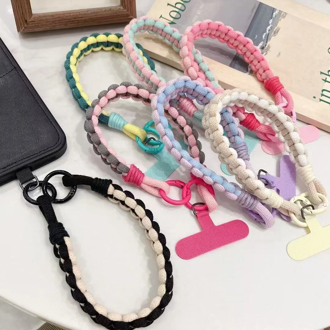 

Korean Japanese Handcrafted Colorful Woven Rope Mobile Phone Creative Short Lanyard Wrist Nylon Keychain Twist Bag Hanging