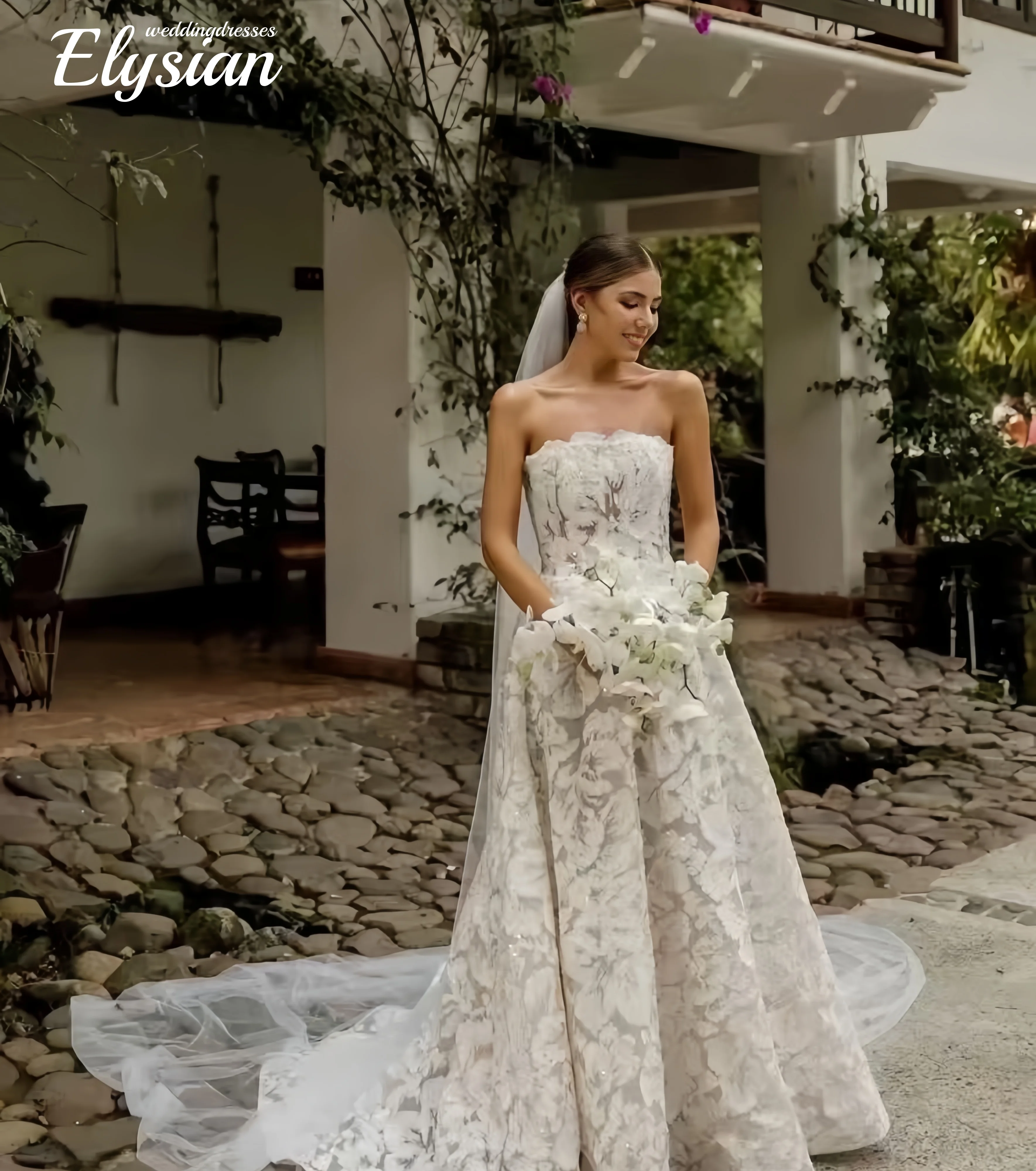 فستان زفاف فاخر مخصص بدون حمالات مزين بالدانتيل المذهل على شكل حرف a فستان زفاف فيستدوس دي نوفيا