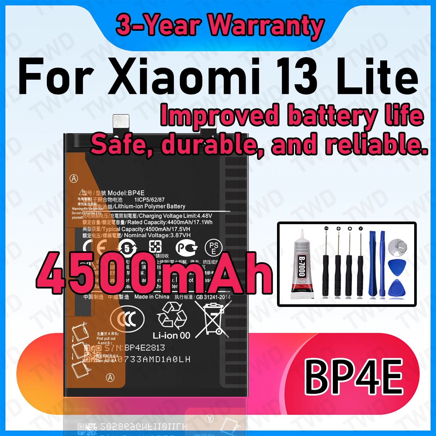 

BP4E Large capacity 4500mAh Battery For Xiaomi 13 Lite Batteries New High Quanlity+Free Tools