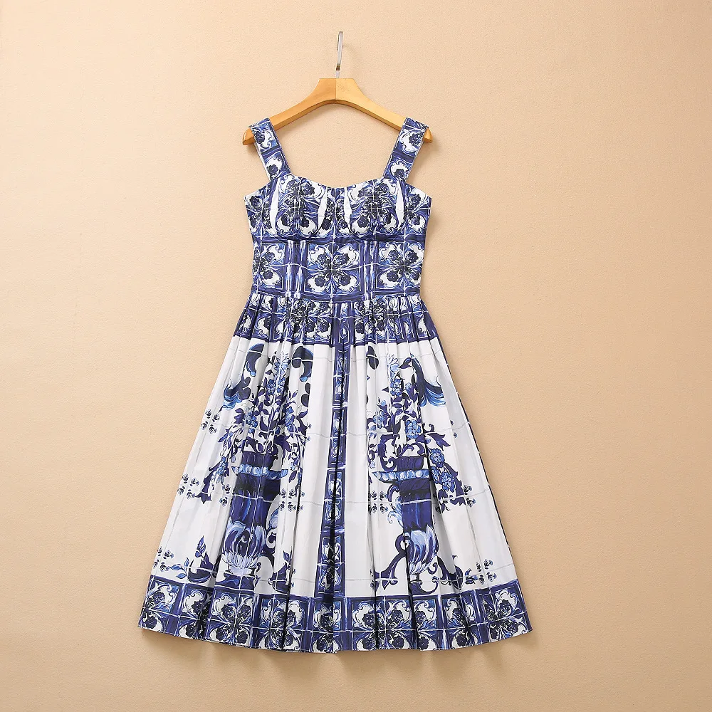 

European and American women's clothing 2023 autumn new suspenders Sleeveless court print Fashion cotton pleated dress
