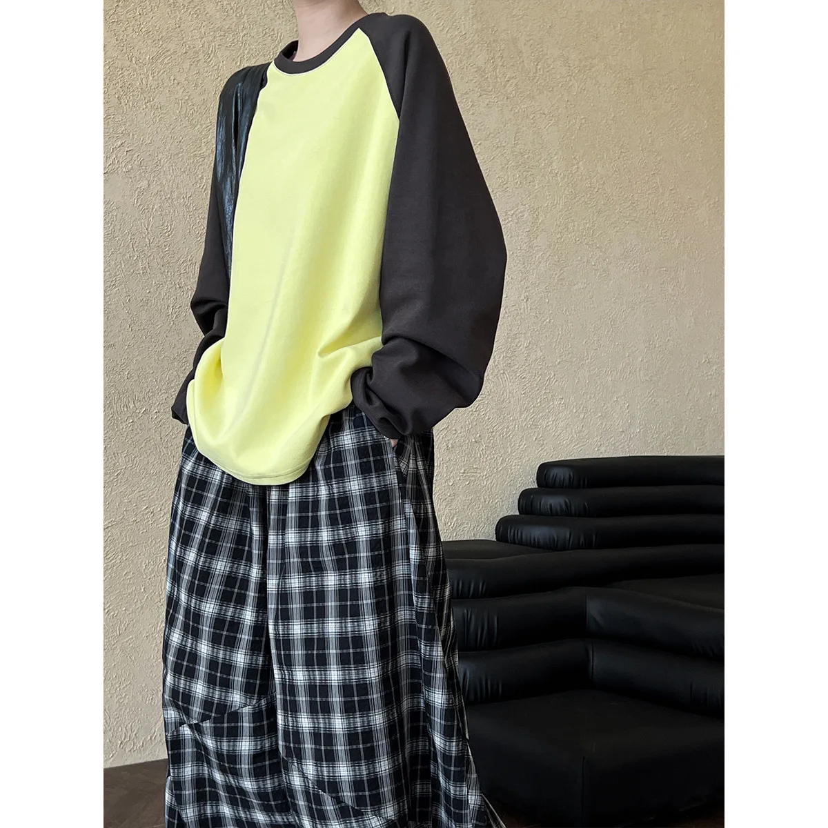 SuperAen 2024 Autumn Fashion Checkered Casual Pants Women's New High Waist Wide Leg Pants