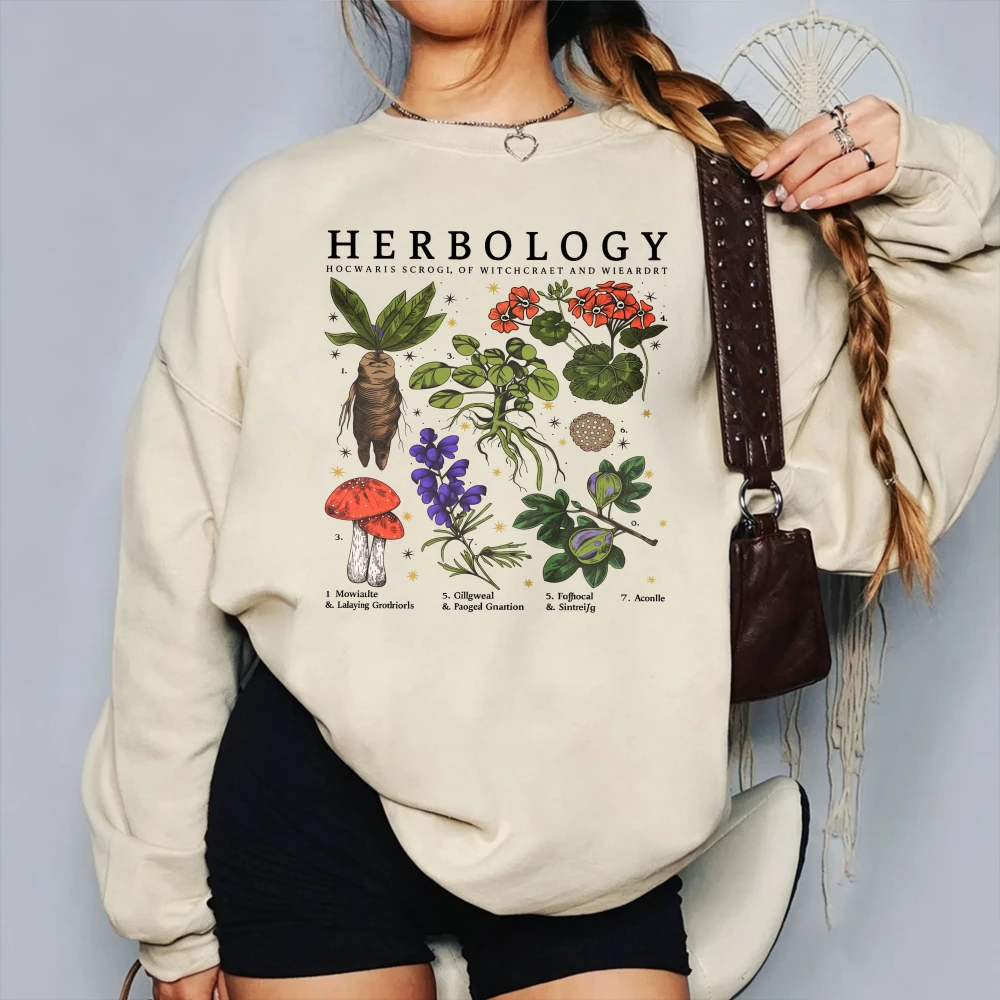 Herbology Wizard Plant Botanical Graphic Pullover Vintage Mandrake Mushroom Magic Herb Print Casual Fall Winter Unisex Sweat Top