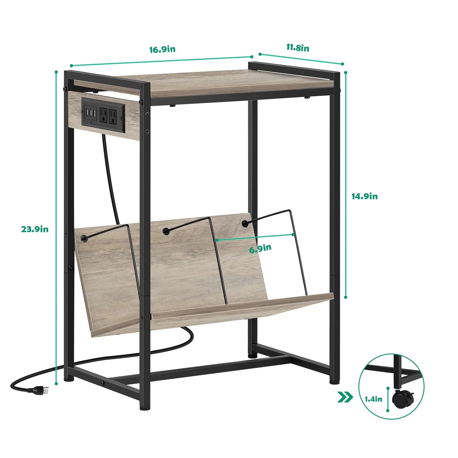 Record player stand with vinyl storage, black turntable with charging station, and USB port with wheels