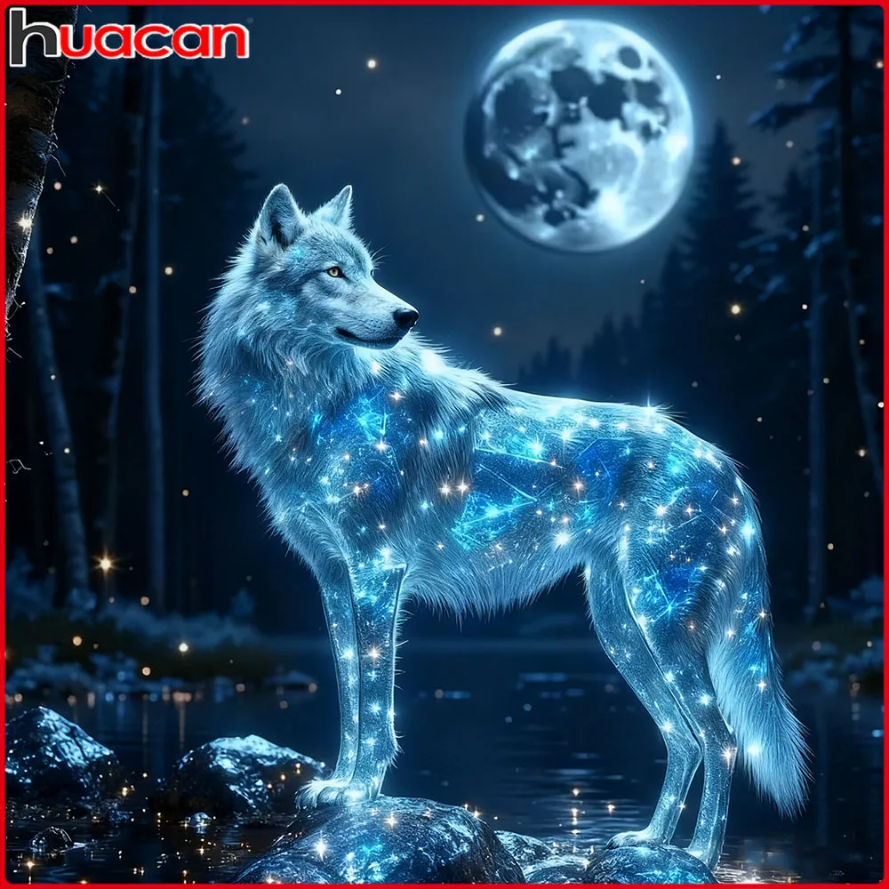 Huacan Vollquadrat Rundbohrer Diamantgemälde Wolf Mond Diamant Mosaik Tierlandschaft Kunst Dekorative Gemälde