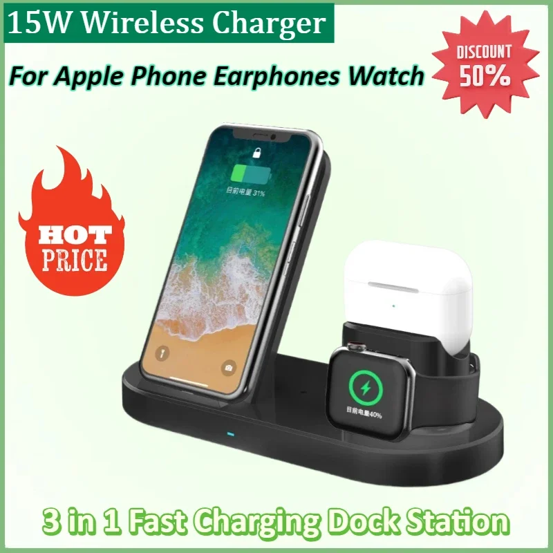 

15W 3 in 1 Wireless Charger Stand for Iphone 15 14 13 12 8 X XR Apple Watch 8 7 6 IWatch Airprods Pro Fast Charging Dock Station