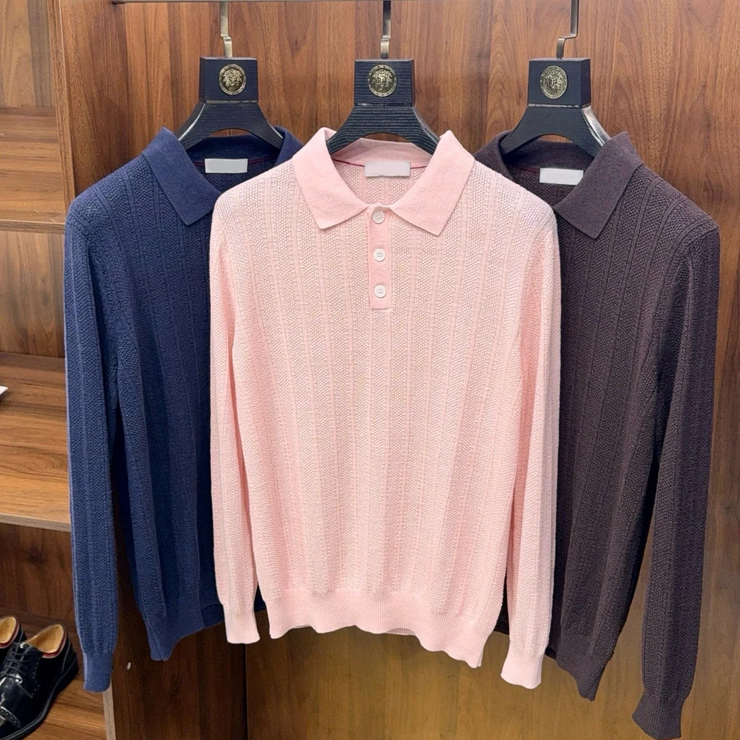 

BC Italian lapel solid color cotton and linen business casual long-sleeved men's knitted POLO shirt