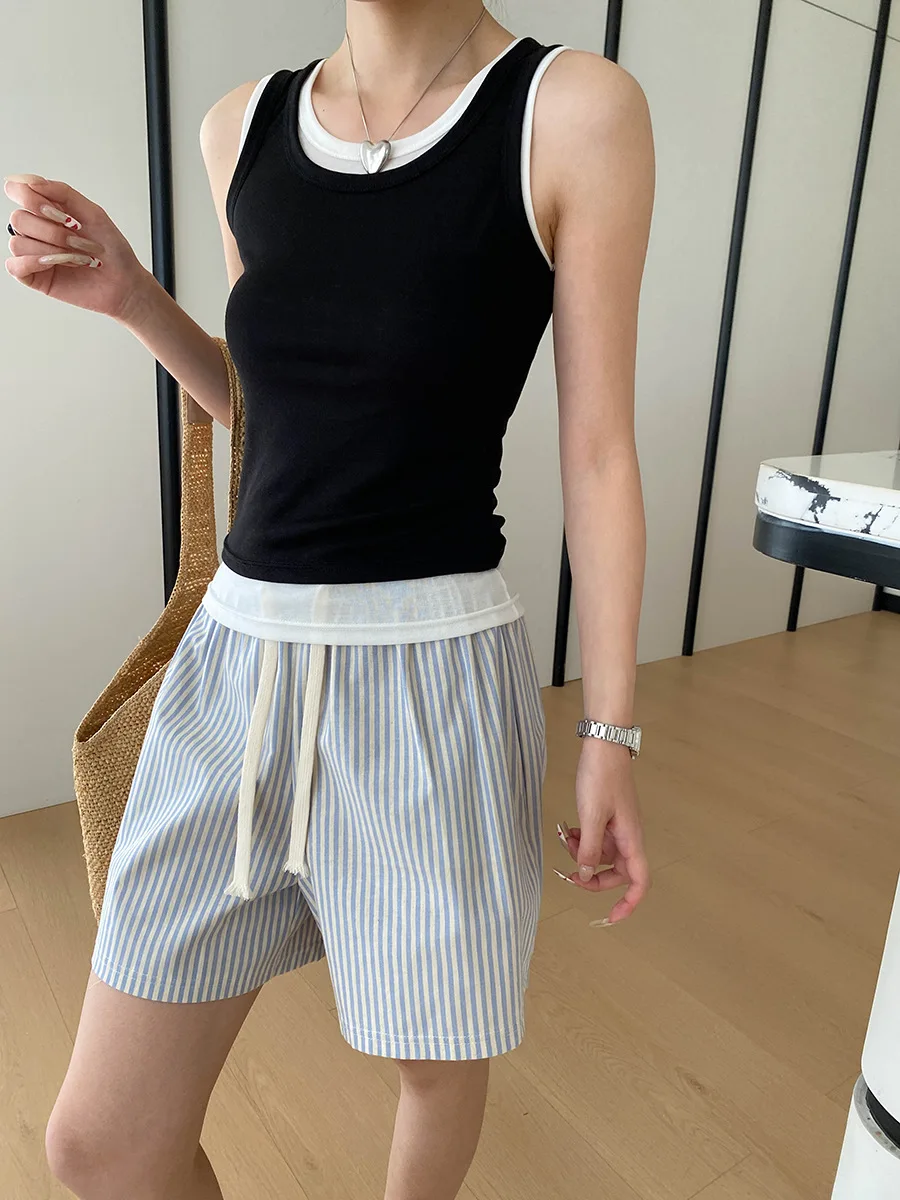 Sommerliches, lässiges, einfarbiges, kontrastfarbenes, zweiteiliges Tanktop mit Rundhalsausschnitt und schmaler Passform für Damen – Detail 27