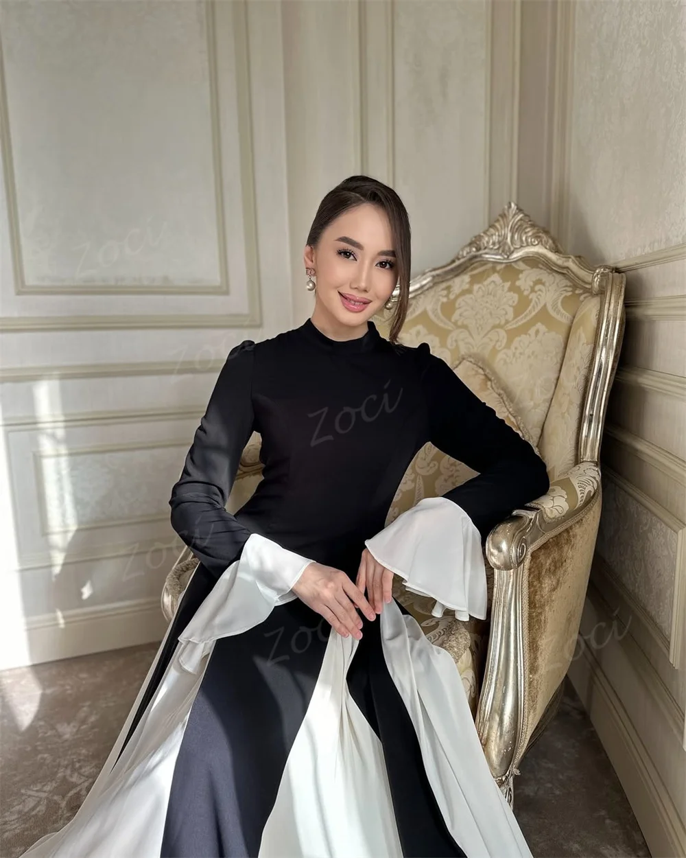 Zoci Modest Long Sleeve A Line Prom Dresses Women Satin Chiffon Prom Gown Customized Contrast Color Outfit Formal Party Dress