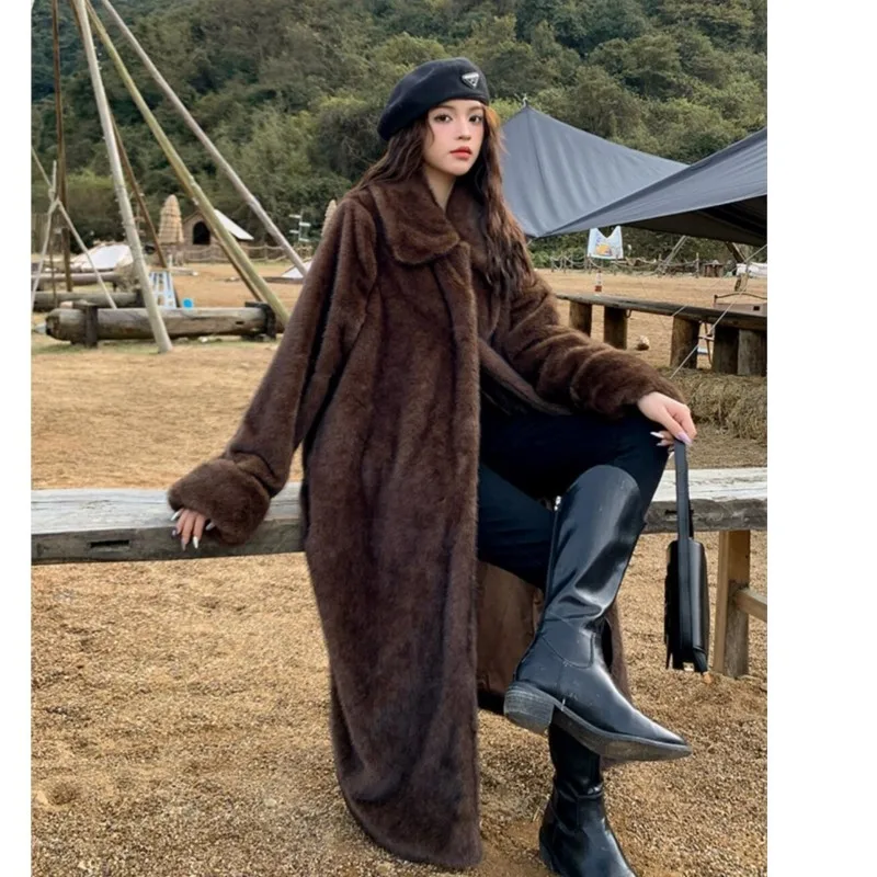 Winter Vintage Brown Lapel Mink Faux Fur Coat CHIC Women Full Sleeve Loose Warm Below Knee Maxi Long Jacket Coat