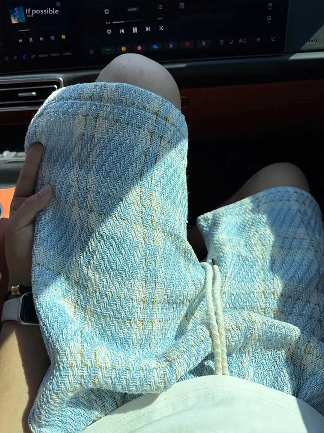 Blue Plaid Knitted Shorts for Men Summer Casual Heavyweight Sporty American Style Four-Five Length Loose Fit Elastic Waist