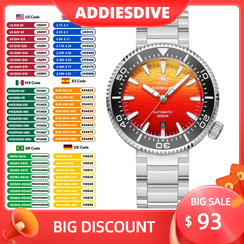 

ADDIESDIVE Men's Watches Super Luminous Sapphire Glass 1000m Waterproof Diver's Wristwatch Ceramic Bezel AD2526 Automatic Watch