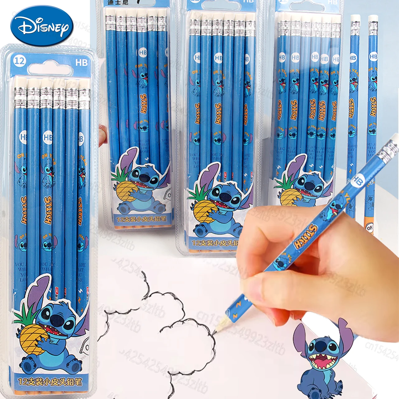 

12PCS/Box Disney Stitch Pencils HB Round Rod with Eraser Cartoon Girl Boy School Pen Student Office School Supplies Writing Tool