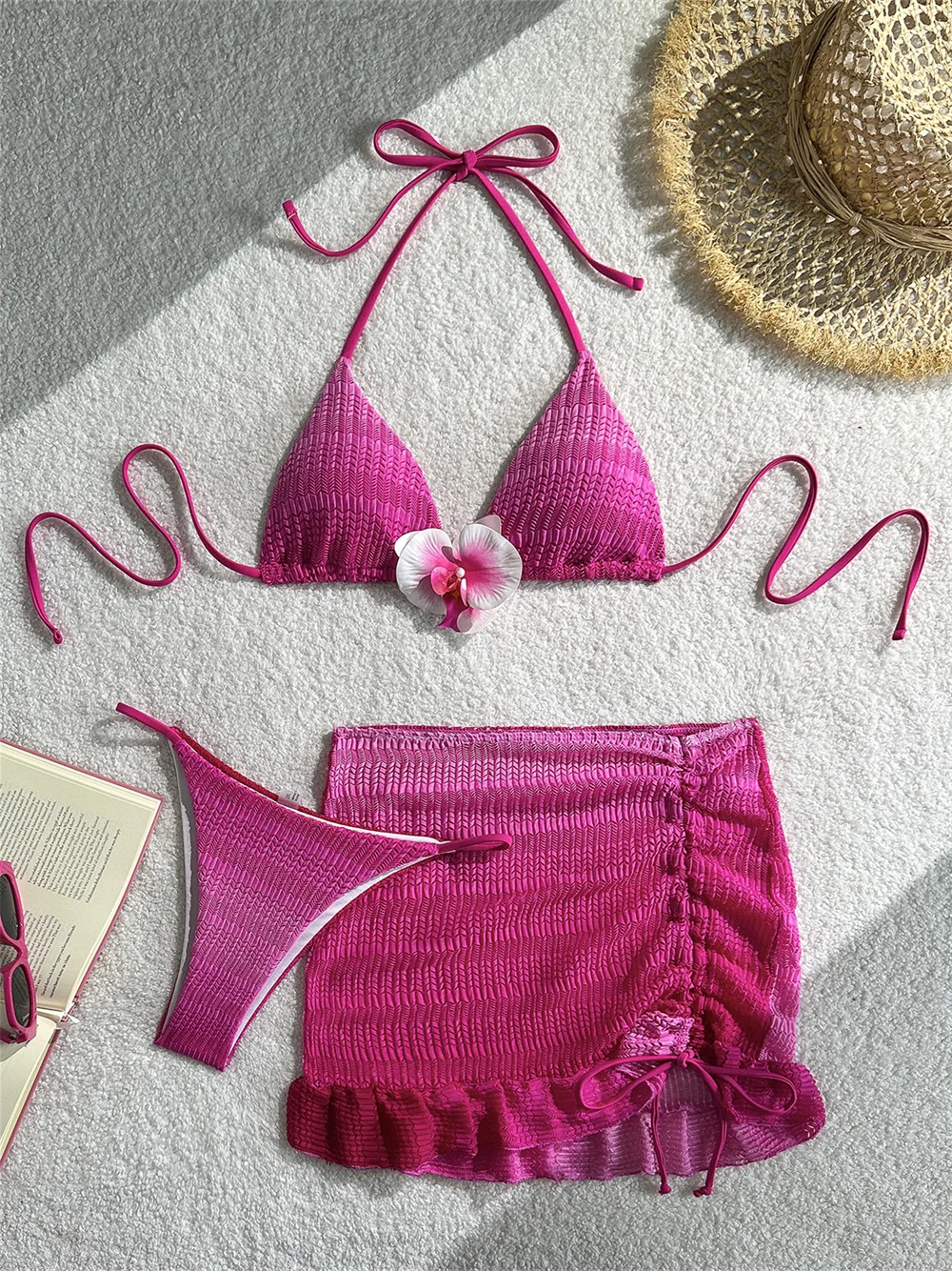 Sexy Gradient Y2k Bikini Ruffled Mesh Skirt Micro String Backless Swimwear Women 3 Piece Beach Flower Vacation Outfits Swimsuits