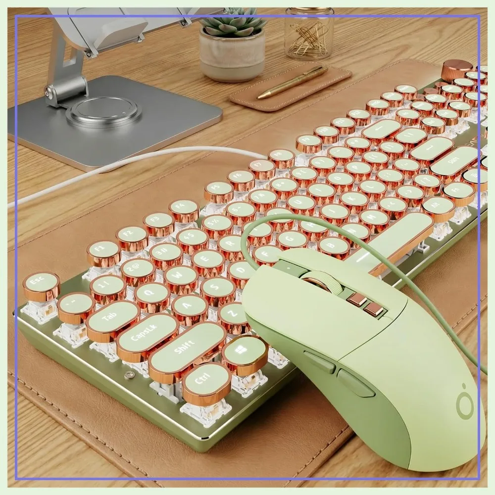 

Retro Wired Typewriter Keyboard and Mouse Combo, 104 Keys Mechanical Keyboard with LED Backlight, Pink Switch for PC Desktop