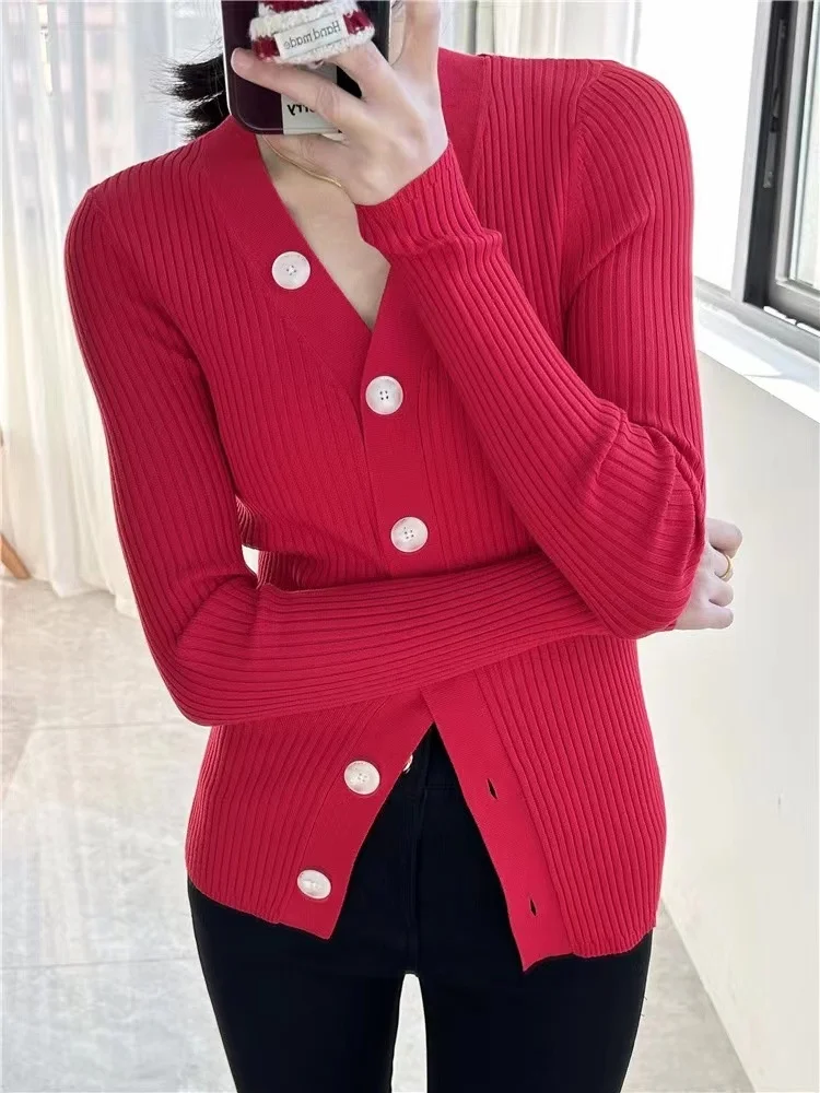 

Women's Knitted Cardigan Solid V-neck Single Breasted Elegant Slim 2024 Early Spring New Ladies Thread Knitted Tops