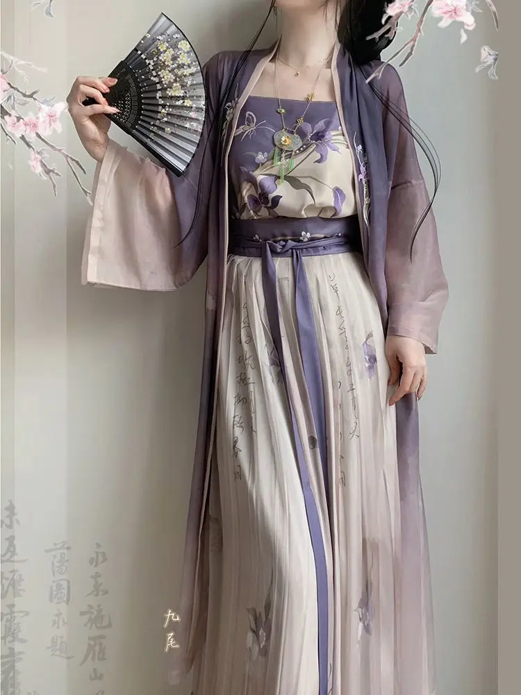

Women Party Outfit Chinese Hanfu Dress Chinese Song dynasty Ancient Printed Modern Reformed Hanfu Summer Chiffon 3pcs Sets