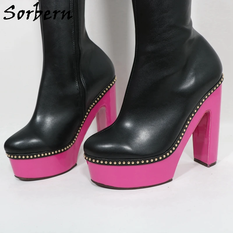 Sorbern Rose Pink Heel Crotch Thigh High Boots Women Block High Heel Platform Rivets Around Winter Style Drag Queen Shoes Custom