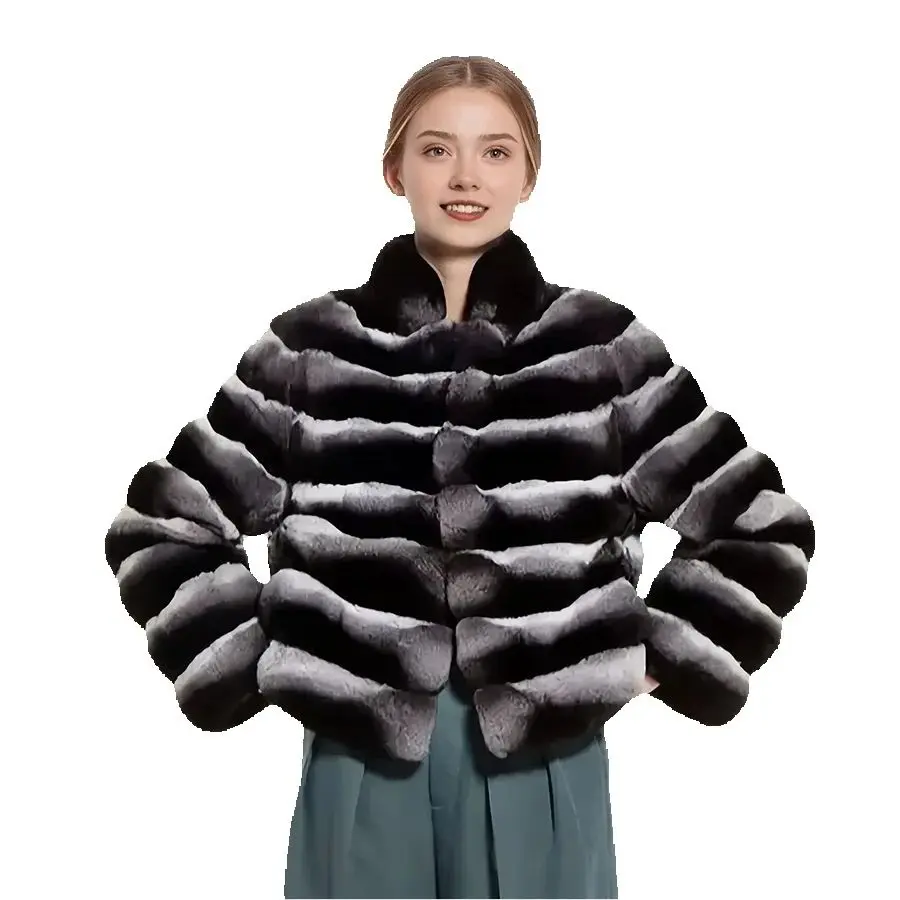 

Natural Rex Rabbit Fur Jacket With Collar Chinchilla Color Fur Coat For Women Furry Jackets Hot Selling Genuine Leather Jackets