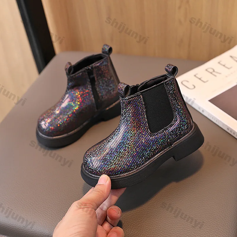 Children's Fashion Short Boots Boys Girls Non-Slip British Style Design Crystal Side Zipper Single Boots Anti-skid Ankle Booties