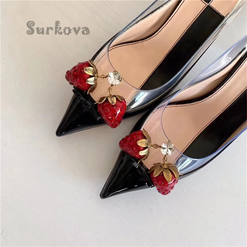 Women's Strawberry Decoration Pumps Rome Pointed Toe Stilettos Transparent PVC Kitten Heel Rhinestone Elegant Banquet Club Shoes