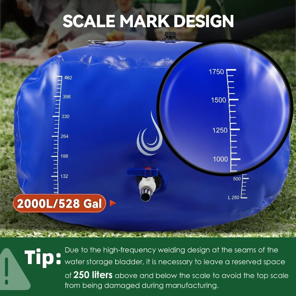 مثانة تخزين المياه المحمولة 528 جالون/2000 لتر، خزان مياه قابل للطي PVC 1000D مع حنفيات ومجموعة تجاوز، تخزين المياه