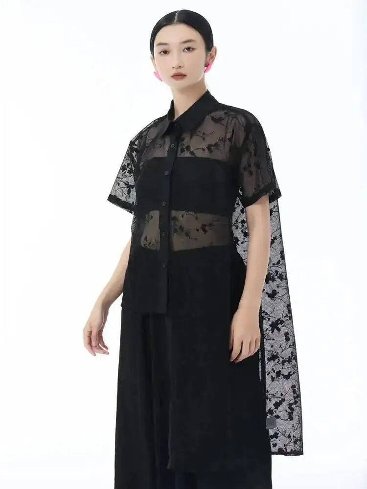 

Women Black Lace Mesh Irregular Big Size Blouse New Lapel Short Sleeve Shirt Fashion Tide Spring Summer